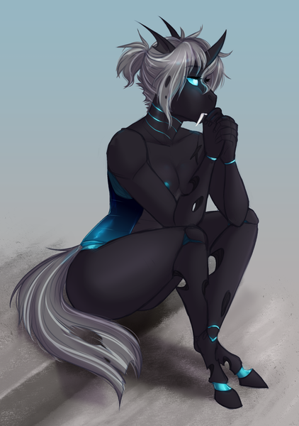 Size: 1982x2820 | Tagged: adorasexy, anthro, artist:askbubblelee, breasts, changeling, changeling oc, cute, cuteling, cute little fangs, derpibooru import, eyelashes, fangs, female, glowing eyes, grey hair, nipples, nudity, oc, ocbetes, oc:imago, ponytail, questionable, sexy, sitting, solo, solo female, unguligrade anthro, unofficial characters only