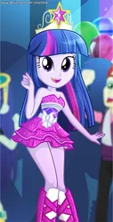 Size: 467x916 | Tagged: safe, artist:charliexe, derpibooru import, blueberry cake, nolan north, twilight sparkle, twilight sparkle (alicorn), alicorn, equestria girls, equestria girls (movie), adorasexy, bare shoulders, beautiful, beautisexy, big crown thingy, clothes, crown, cute, dancing, digital art, element of magic, fall formal outfits, female, jewelry, legs, regalia, sexy, sleeveless, smiling, solo focus, strapless, thighs, tiara, twiabetes, unf