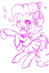 Size: 600x900 | Tagged: safe, artist:yuzuko, derpibooru import, pinkie pie, earth pony, pony, blushing, bow, cheerleader, cheerleader pinkie, clothes, cute, diapinkes, female, hair bow, heart, looking at you, mare, miniskirt, moe, monochrome, one eye closed, open mouth, pleated skirt, pom pom, simple background, skirt, solo, white background, wink