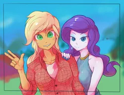 Size: 2048x1582 | Tagged: safe, artist:noupu, derpibooru import, applejack, rarity, equestria girls, female, lesbian, looking at you, rarijack, shipping, sleeveless