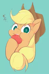 Size: 859x1292 | Tagged: safe, artist:noupu, derpibooru import, applejack, earth pony, apple, cute, female, food, jackabetes, looking at you, mare, solo