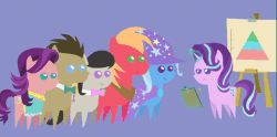 Size: 697x347 | Tagged: safe, artist:agrol, derpibooru import, big macintosh, doctor whooves, octavia melody, spoiled rich, starlight glimmer, time turner, trixie, pony, a horse shoe-in, animated, chart, clipboard, gif, one eye closed, perfect loop, pointy ponies, wink
