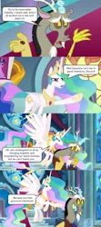 Size: 2000x4488 | Tagged: alicorn, angry, canterlot castle, canterlot throne room, comic, derpibooru import, discord, discord drama, draconequus, drama, edit, edited screencap, good intentions, good intentions gone wrong, hurricane neddy, ned flanders, nervous, pointing, princess celestia, princess luna, reference, safe, screencap, screencap comic, speech bubble, stained glass, stained glass window, the ending of the end, the simpsons, twilight sparkle, twilight sparkle (alicorn)