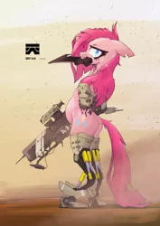 Size: 1414x2000 | Tagged: safe, artist:satv12, derpibooru import, pinkie pie, cyborg, earth pony, semi-anthro, amputee, balloonbutt, bipedal, butt, dock, female, gun, mare, mouth hold, pinkamena diane pie, plot, prosthetic limb, prosthetics, quadruple amputee, solo, weapon