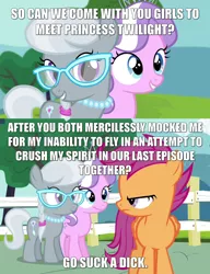 Size: 2000x2601 | Tagged: suggestive, derpibooru import, edit, edited screencap, screencap, diamond tiara, scootaloo, silver spoon, earth pony, pegasus, pony, twilight time, caption, comic, female, filly, glare, glasses, image macro, impact font, implied blowjob, implied oral, implied sex, jewelry, meme, smiling, text, tiara, vulgar