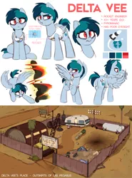 Size: 3402x4597 | Tagged: safe, artist:shinodage, derpibooru import, oc, oc:delta vee, pegasus, pony, bags under eyes, blushing, cigarette, clothes, cutie mark, digital art, equestrian flag, explosion, female, flying, high res, junkyard, mare, mother, open mouth, reference sheet, smiling, solo, tanktop, trailer, wing hands, wings