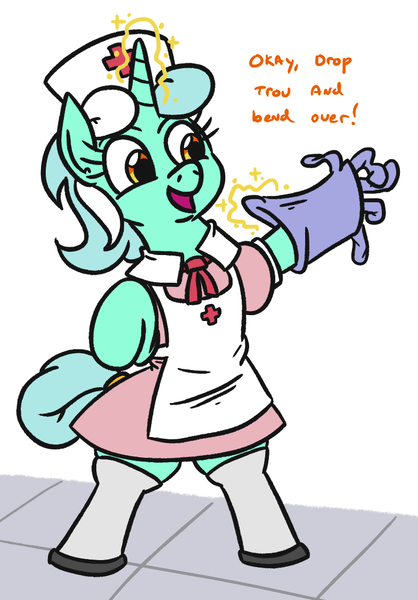 Size: 785x1127 | Tagged: safe, artist:jargon scott, derpibooru import, lyra heartstrings, semi-anthro, unicorn, clothes, cute, dialogue, female, imminent prostate exam, implied prostate exam, magic, mare, nurse, nurse outfit, open mouth, socks, solo, stockings, telekinesis, thigh highs, this will end in pain, this will not end well