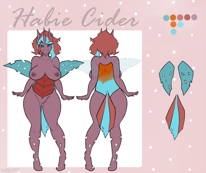 Size: 1700x1425 | Tagged: anthro, anthro oc, artist:da3rd, breasts, changeling, changeling oc, derpibooru import, double colored changeling, female, nipples, nudity, oc, oc:habie cider, questionable, reference sheet, unguligrade anthro