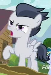 Size: 355x521 | Tagged: safe, derpibooru import, screencap, mocha berry, rumble, skeedaddle, pegasus, pony, unicorn, marks and recreation, colt, cropped, discovery family logo, male, raised hoof, solo focus