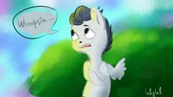 Size: 2560x1440 | Tagged: safe, artist:labglab, derpibooru import, rumble, pegasus, pony, marks and recreation, colt, male, solo, speech bubble, text