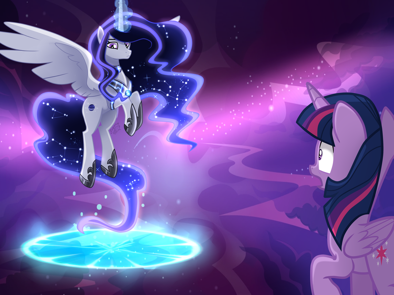 Size: 4000x3000 | Tagged: safe, artist:sugaryicecreammlp, derpibooru import, twilight sparkle, twilight sparkle (alicorn), oc, oc:andromeda galaxy, alicorn, pony, alicorn oc, constellation, ethereal mane, female, flying, galaxy mane, glowing horn, hoof shoes, horn, mare, shocked expression, wings