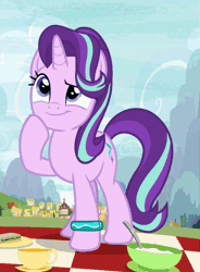 Size: 383x519 | Tagged: safe, derpibooru import, screencap, starlight glimmer, pony, unicorn, student counsel, animated, bracelet, cropped, cup, cute, food, gif, glimmerbetes, jewelry, picnic, raised hoof, sandwich, solo, starlight's bracelet, teacup