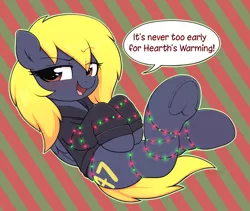 Size: 2570x2173 | Tagged: safe, artist:moozua, derpibooru import, oc, oc:naveen numbers, pegasus, pony, 47, bedroom eyes, blushing, christmas, christmas lights, clothes, commission, dialogue, female, frog (hoof), holiday, hoodie, image, looking at you, mare, png, smiling, solo, striped background, underhoof