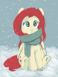 Size: 2449x3252 | Tagged: safe, artist:pucksterv, derpibooru import, fluttershy, pegasus, pony, alternate hair color, blushing, clothes, color palette challenge, cute, female, folded wings, high res, limited palette, looking at you, mare, scarf, shyabetes, sitting, snow, snowfall, solo, wings, winter, winter outfit