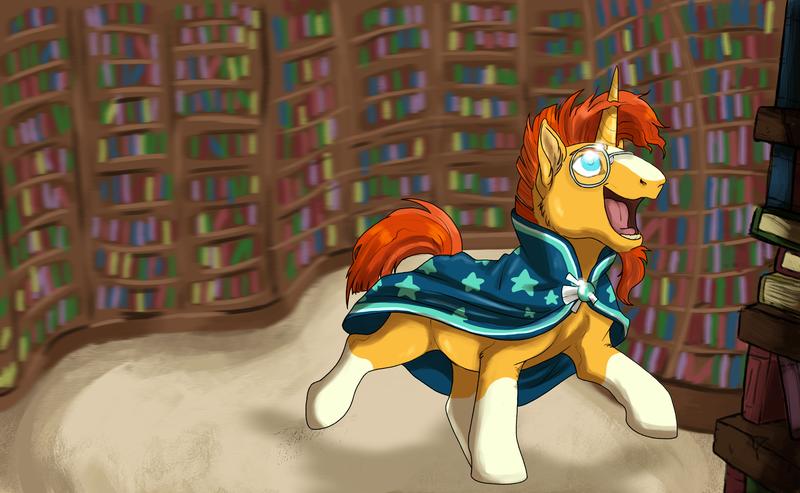 Size: 2796x1723 | Tagged: safe, artist:rinkisha, derpibooru import, sunburst, pony, unicorn, bookshelf, cute, excited, library, male, open mouth, solo, stallion, sunbetes