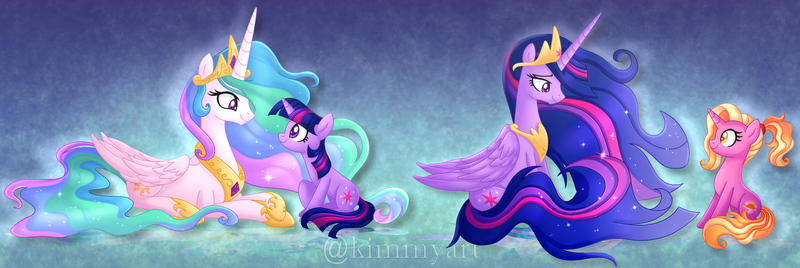 Size: 2616x875 | Tagged: safe, artist:kimmyartmlp, derpibooru import, luster dawn, princess celestia, princess twilight 2.0, twilight sparkle, twilight sparkle (alicorn), alicorn, pony, unicorn, the last problem, big crown thingy 2.0, cute, cutelestia, end of ponies, ethereal mane, full circle, looking at each other, lusterbetes, mama twilight, momlestia, prone, signature, sitting, smiling, teacher and student, twiabetes, unicorn twilight