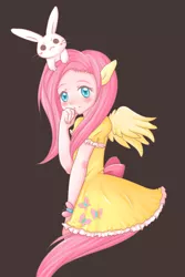 Size: 760x1136 | Tagged: animal, artist:vinds, blushing, brown background, clothes, colored pupils, cute, cutie mark, cutie mark on clothes, derpibooru import, dress, eared humanization, female, fluttershy, human, humanized, looking at you, rabbit, safe, shyabetes, simple background, solo, tailed humanization, winged humanization, wings