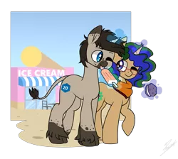 Size: 757x677 | Tagged: safe, artist:thepascaal, derpibooru import, oc, oc:mind gate, unofficial characters only, pony, unicorn, bandana, beach, cute, cutie mark, food, gay, glasses, ice cream, magic, male, shipping, simple background, stallion, transparent background, two toned mane