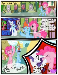 Size: 3500x4500 | Tagged: safe, artist:becauseimpink, derpibooru import, pinkie pie, rainbow dash, rarity, earth pony, pegasus, pony, unicorn, comic:transition, angry, bag, bubble berry, comic, dialogue, elusive, eyes closed, hoof in mouth, hoof shoes, male, ponyville, rainbow blitz, rule 63, saddle bag, shhh, shop stand, stallion, transgender, waving