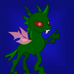 Size: 894x894 | Tagged: artist:hybrid-changling, changeling, changeling oc, derpibooru import, fangs, gradient background, green changeling, oc, oc:hybrid changeling, raised hoof, red eyes, safe, smiling, solo, transparent wings, unofficial characters only, wings