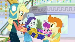Size: 1920x1080 | Tagged: safe, derpibooru import, screencap, applejack, gallop j. fry, lily longsocks, rarity, equestria girls, equestria girls series, holidays unwrapped, spoiler:eqg series (season 2), canterlot mall, child, children, clothes, coat, cute, decoration, escalator, gift giving, gloves, holiday decorations, jacket, male, present, rarity's winter hat, snowman, winter break-in, winter coat, winter hat, winter outfit