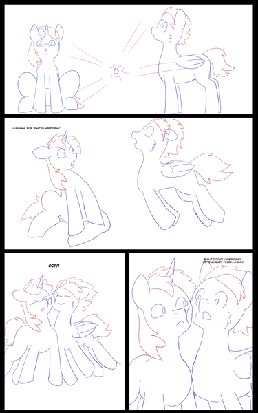 Size: 5000x8000 | Tagged: safe, artist:chedx, author:bigonionbean, derpibooru import, oc, oc:fast hooves, oc:home defence, clydesdale, pony, comic:the fusion flashback, butt, comic, commissioner:bigonionbean, confused, confusion, dialogue, flank, fusion, fusion:fast hooves, fusion:home defence, large butt, magic, panicking, plot, potion, sketch, sketch dump, swelling, wings extended