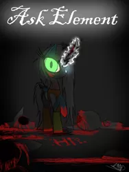 Size: 1200x1600 | Tagged: grimdark, artist:didun850, derpibooru import, oc, oc:element, unofficial characters only, pony, unicorn, ask, blood, corpse, cover art, dead, decapitated, glowing eyes, glowing horn, horn, severed head, signature, solo, tumblr, unicorn oc