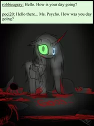 Size: 1200x1600 | Tagged: grimdark, artist:didun850, derpibooru import, oc, oc:element, unofficial characters only, pony, unicorn, ask, blood, blood writing, corpse, curved horn, dead, decapitated, glowing eyes, heterochromia, horn, severed head, signature, solo, tumblr, unicorn oc