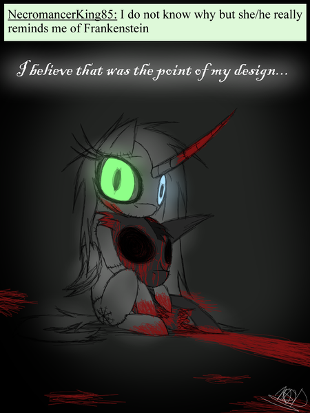 Size: 1200x1600 | Tagged: grimdark, artist:didun850, derpibooru import, oc, oc:element, unofficial characters only, pony, unicorn, ask, blood, curved horn, decapitated, glowing eyes, heterochromia, horn, severed head, signature, tumblr, unicorn oc