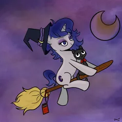 Size: 2048x2048 | Tagged: safe, artist:amynewblue, derpibooru import, oc, oc:moonlit silver, unofficial characters only, cat, pony, unicorn, bowtie, broom, commission, crescent moon, flying, flying broomstick, halloween, hat, holiday, magic, moon, night, solo, witch, witch hat