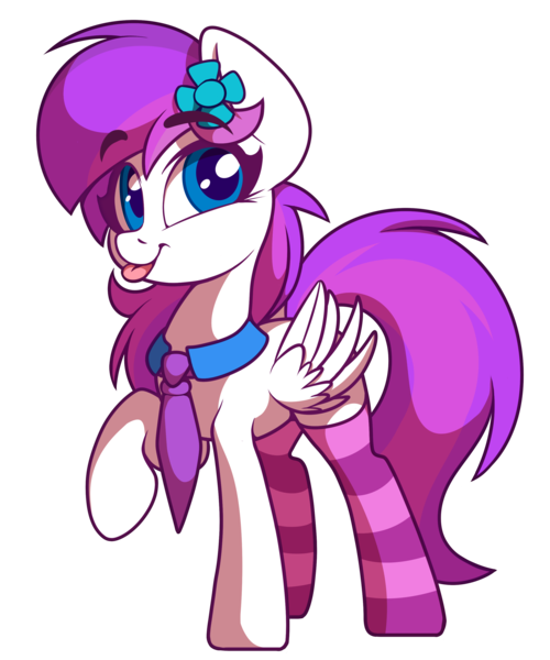 Size: 2500x3001 | Tagged: safe, artist:sharemyshipment, derpibooru import, oc, oc:lavanda, unofficial characters only, pegasus, pony, 2020 community collab, derpibooru community collaboration, clothes, cute, female, flower, flower in hair, mare, necktie, simple background, socks, solo, stockings, striped socks, thigh highs, tongue out, transparent background