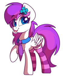 Size: 2500x3001 | Tagged: safe, artist:sharemyshipment, derpibooru import, oc, oc:lavanda, unofficial characters only, pegasus, pony, 2020 community collab, derpibooru community collaboration, clothes, cute, female, flower, flower in hair, mare, necktie, simple background, socks, solo, stockings, striped socks, thigh highs, tongue out, transparent background