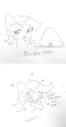 Size: 1362x2610 | Tagged: safe, artist:tjpones, derpibooru import, lyra heartstrings, bee, insect, pony, unicorn, bedroom eyes, bee sting, beehive, implied bon bon, implied lesbian, implied lyrabon, implied shipping, l.u.l.s., monochrome, shipping goggles, sketch, solo, sparkles, teary eyes, tongue out, traditional art