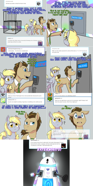 Size: 1502x3006 | Tagged: safe, artist:jitterbugjive, derpibooru import, derpy hooves, doctor whooves, time turner, pony, lovestruck derpy, dalek, doctor who, food, muffin, sonic screwdriver