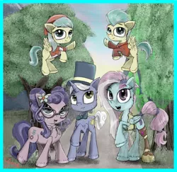 Size: 2000x1946 | Tagged: safe, artist:chopsticks, derpibooru import, barley barrel, kerfuffle, petunia petals, pickle barrel, sunny skies, earth pony, pegasus, pony, unicorn, rainbow roadtrip, amputee, barrel twins, bow, brother and sister, clothes, colt, cute, female, filly, flying, foal, glasses, hat, illusion, male, mare, prosthetic limb, prosthetics, siblings, stallion, top hat, twins