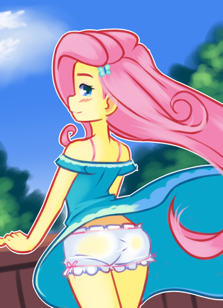 Size: 1152x1584 | Tagged: suggestive, artist:drantyno, derpibooru import, fluttershy, equestria girls, bloomers, blushing, butt, clothes, dress, female, flutterbutt, pony coloring, ribbon, skirt, solo, solo female, underwear, upskirt, white underwear, wind