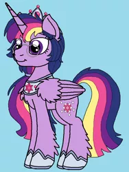 Size: 704x936 | Tagged: safe, artist:rosefang16, derpibooru import, twilight sparkle, twilight sparkle (alicorn), alicorn, pony, astralverse, alternate hairstyle, chest fluff, crown, ear fluff, female, glasses, hoof shoes, jewelry, leg fluff, mare, redesign, regalia, solo