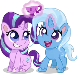 Size: 3611x3500 | Tagged: safe, artist:limedazzle, derpibooru import, starlight glimmer, trixie, pony, unicorn, my little pony: pony life, chibi, cup, cute, diatrixes, digital art, female, glimmerbetes, mare, smiling, teacup, that pony sure does love teacups