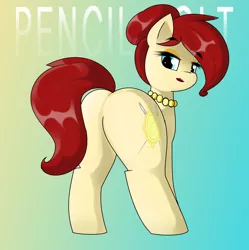 Size: 1808x1812 | Tagged: suggestive, artist:pencil bolt, derpibooru import, oc, oc:golden brooch, earth pony, pony, unicorn, butt, featureless crotch, female, gradient background, lipstick, looking back, mare, plot, solo