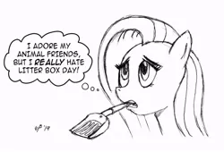 Size: 800x544 | Tagged: safe, artist:cartoon-eric, derpibooru import, fluttershy, pony, grayscale, implied poop, litterbox, monochrome, simple background, thought bubble, white background
