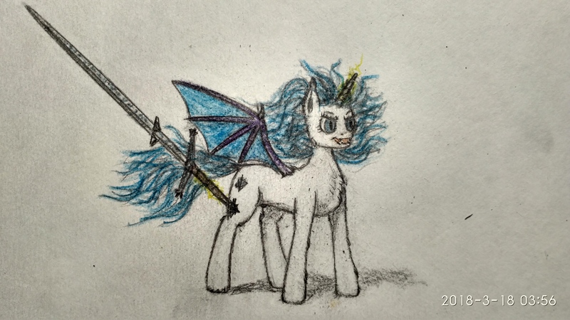 Size: 4160x2340 | Tagged: safe, artist:stellar gale, derpibooru import, oc, oc:stellar gale, alicorn, bat pony, bat pony alicorn, pony, alicorn oc, bat wings, female, horn, lightning, magic, mare, original, photo, solo, spread wings, sword, synth, traditional art, weapon, windswept mane, wingboner, wings, zweihander