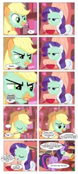 Size: 868x1928 | Tagged: applejack, artist:dziadek1990, book, comic, comic:sunny day, conversation, derpibooru import, dialogue, dungeons and dragons, edit, edited screencap, golden oaks library, in character, library, look before you sleep, mud mask, pen and paper rpg, rarity, rpg, safe, screencap, screencap comic, slice of life, table, tabletop game, text, twilight sparkle