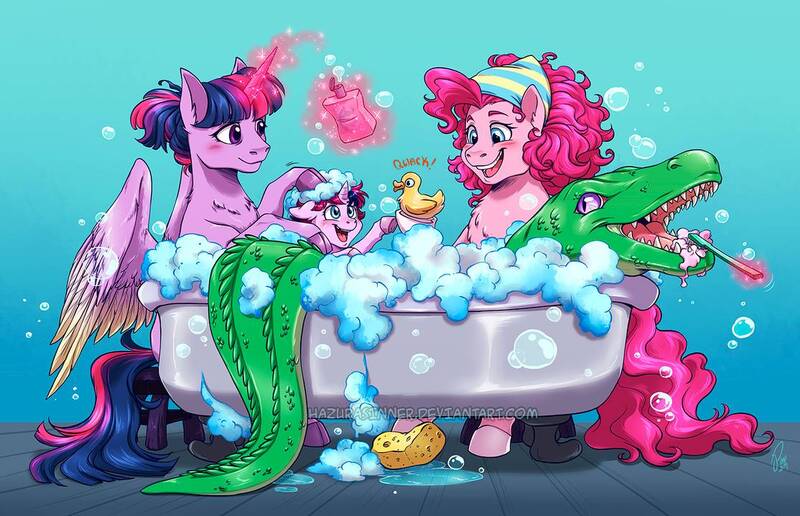 Size: 1114x718 | Tagged: safe, artist:hazurasinner, derpibooru import, gummy, pinkie pie, twilight sparkle, twilight sparkle (alicorn), oc, oc:starchaser, alicorn, alligator, unicorn, blue background, cloven hooves, cute, family, female, filly, lesbian, magic, magic aura, magical lesbian spawn, offspring, older, older gummy, parent:pinkie pie, parent:twilight sparkle, parents:twinkie, rubber duck, shipping, simple background, sponge, suds, telekinesis, toothbrush, twinkie