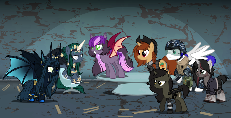 Size: 9275x4752 | Tagged: safe, artist:tsabak, derpibooru import, oc, oc:agave citrus, oc:empress, oc:parabellum, oc:pixel, oc:scalpel, oc:silent kosmos, oc:somnia, unofficial characters only, bat pony, pegasus, pony, unicorn, absurd resolution, female, male, mare, stallion, vector