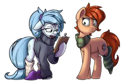 Size: 4958x3316 | Tagged: safe, artist:rexyseven, derpibooru import, oc, oc:rusty gears, oc:whispy slippers, unofficial characters only, earth pony, pony, clipboard, clothes, duo, female, floppy ears, freckles, glasses, high res, hoof hold, mare, simple background, slippers, sock, socks, striped socks, sweater, transparent background, turtleneck