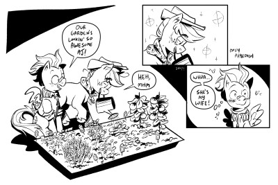 Size: 400x267 | Tagged: source needed, safe, artist:maddzroks, derpibooru import, applejack, rainbow dash, earth pony, pegasus, pony, the last problem, appledash, black and white, blushing, clothes, cowboy hat, cute, female, gardening, grayscale, happy, hat, lesbian, mare, monochrome, mouth hold, older, older applejack, older rainbow dash, scarf, shipping, water can