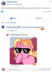 Size: 473x654 | Tagged: safe, artist:equestriatwi, derpibooru import, luster dawn, princess twilight 2.0, twilight sparkle, twilight sparkle (alicorn), alicorn, pony, unicorn, the last problem, boop, facebook, fake screenshot, female, mare, meme, millennial luster dawn, ok boomer, self-boop, sunglasses, text, texts from ponies, thug life