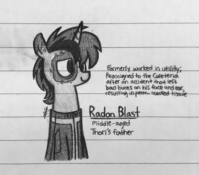 Size: 2048x1802 | Tagged: safe, artist:modocrisma, derpibooru import, oc, oc:radon blast, unofficial characters only, pony, unicorn, fallout equestria, fanfic, fanfic:vault 147, alternate universe, au:v147, clothes, doodle, fallout, fanfic art, father, horn, lined paper, male, monochrome, pencil drawing, photo, scar, smiling, solo, tired, traditional art, vault suit, watermark