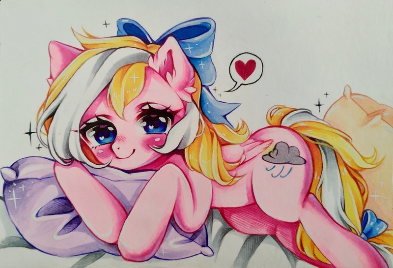 Size: 3102x2112 | Tagged: safe, artist:manekoart, derpibooru import, oc, oc:bay breeze, unofficial characters only, pegasus, pony, blushing, bow, cute, ear fluff, female, hair bow, heart eyes, hug, looking at you, mare, ocbetes, pillow, pillow hug, tail bow, traditional art, wingding eyes