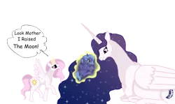 Size: 4069x2422 | Tagged: safe, artist:princessshadowramses, derpibooru import, princess celestia, princess luna, oc, alicorn, pony, alicorn oc, baby, baby pony, cewestia, cute, cutelestia, dawwww, ethereal mane, female, filly, horn, levitation, lunabetes, magic, mother and child, mother and daughter, parent oc, pink-mane celestia, simple background, starry mane, telekinesis, transparent background, wings, woona, younger